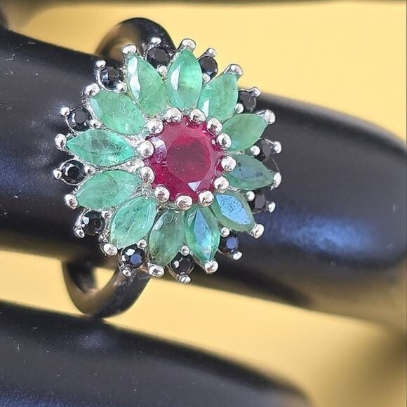 Natural Ruby, Emerald & Black Spinel 925 Sterling Silver Ring - Picture 1 of 10